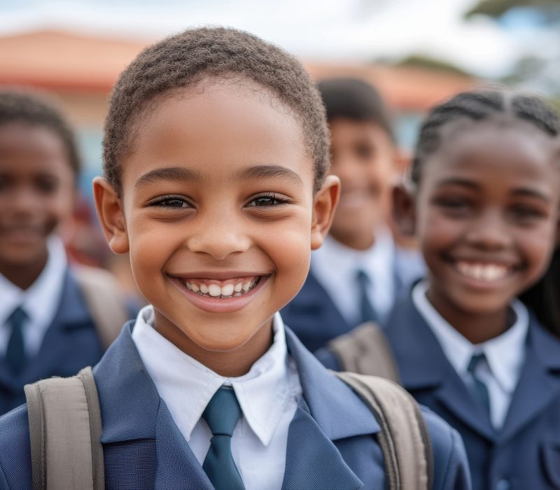 Students Smiling Outside in School Uniforms, Ideal for Educational Promotions and Diversity Representation